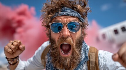 A joyful man shouts with excitement amidst colorful smoke, embodying the spirit of adventure and celebration against a backdrop that suggests freedom and creativity.