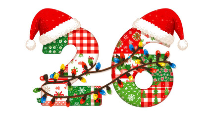 Number 26 decorated with Santa hats and Christmas lights on white background.