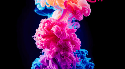 Vivid colorful ink swirling in water with pink, blue, and orange tones on black.