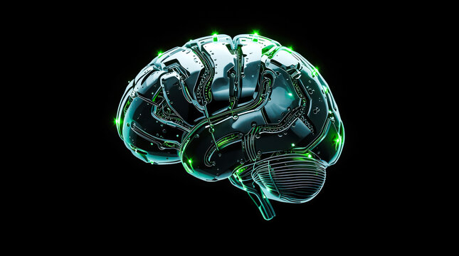 High-tech cybernetic brain with glowing green circuits, metallic style, isolated on black background, symbolizing digital intelligence concept