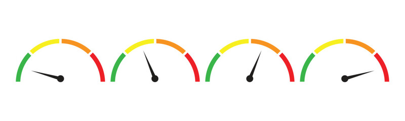 Set of speedometer gauges for performance and risk indicators. Vector scale, level of performance. Infographic of risk.	