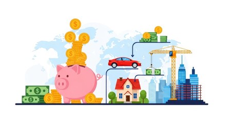 Piggy bank with stacked coins and bills illustrating investments. | Money investment concept.