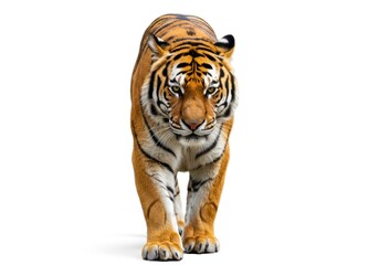Fototapeta premium Majestic Bengal Tiger Walking Towards Viewer in Bright White Background