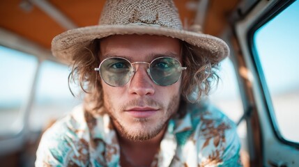 A young man wearing a straw hat and sunglasses captivates the viewer with his stylish appearance, set against a bright and inviting backdrop that radiates a laid-back summer vibe.