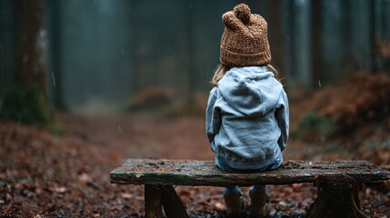 A young child sits quietly on a wooden bench in a peaceful forest, embodying innocence and solitude amidst nature's serene atmosphere, inviting introspective thought.