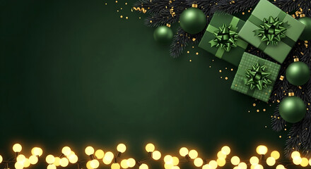 green background, green gifts, green present boxes, green bows, green ribbons, green ornaments