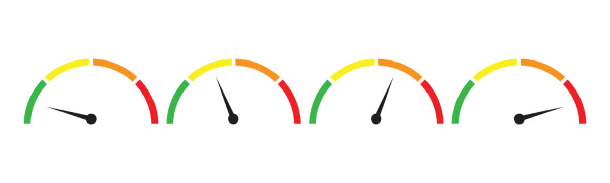 Set of speedometer gauges for performance and risk indicators. Vector scale, level of performance. Infographic of risk.	