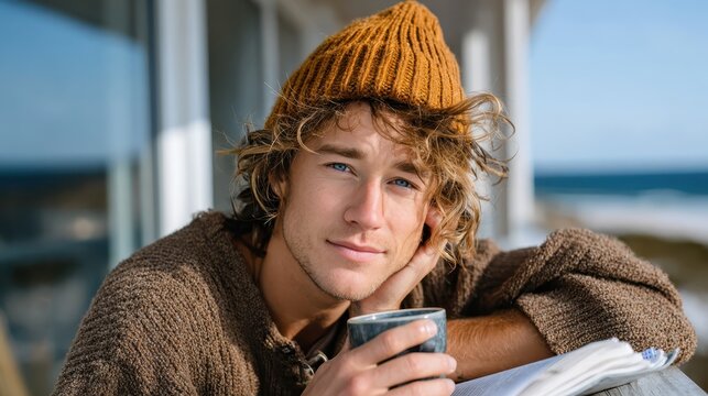 A contemplative young man enjoys a warm beverage on a scenic balcony overlooking the ocean, capturing a serene moment of reflection amidst nature's beauty and tranquility.