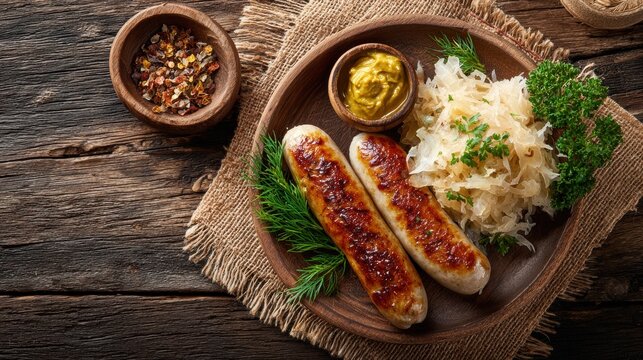 Grilled sausages and sauerkraut served with mustard on a rustic table