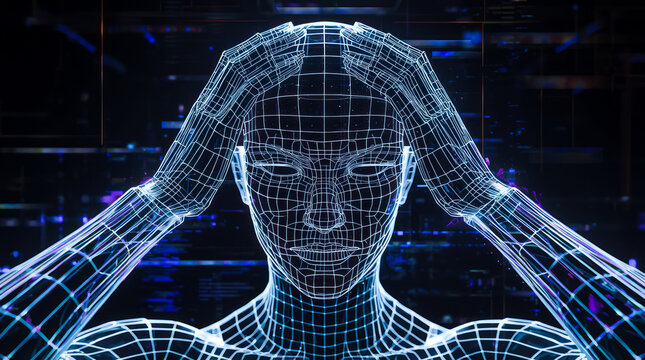 Digital wireframe human figure holding head with neon glow effect on dark background.