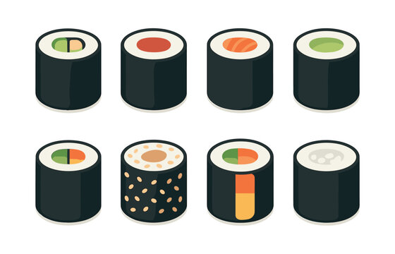 Assorted sushi rolls, flat vector illustration, seafood, japanese cuisine art