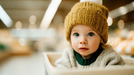 A cute child with light hair and big eyes sits in a shopping cart, wearing a cozy hat and sweater, capturing the essence of childhood joy in a grocery store setting.