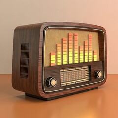 Vintage radio with glowing equalizer display on wooden surface