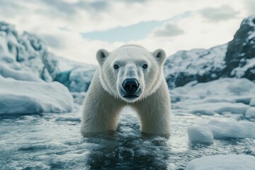 Face of polar bear emerging from icy blue water, showcasing piercing gaze