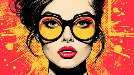 Woman wearing oversized yellow sunglasses with bold pop art style on splash background.