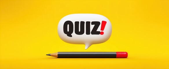 The pencil with bold quiz speech bubble on bright yellow background