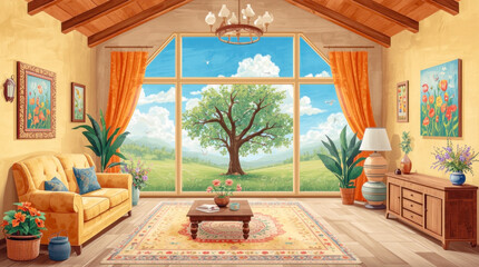 Bright living room with plants and large windows showing a tree and birds, painted style, wooden floor interior, nature and relaxation concept
