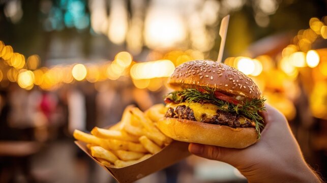 Delicious cheeseburger and fries held at an evening food festival