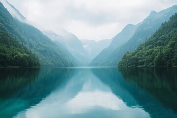 Pristine mountain lake reflecting dense forest and misty peaks in crystal water
