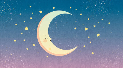 Sleeping crescent moon with stars on dreamy blue night sky background.
