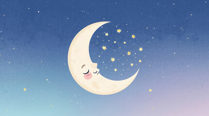 Sleepy crescent moon with cute face among stars on dreamy night sky background.