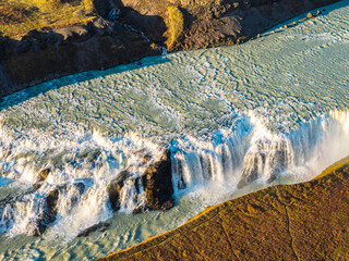 Aerial view of the Gullfoss falls - waterfall in Iceland