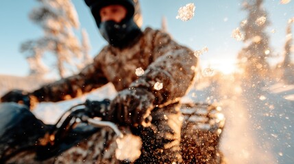 An adventurous man rides an ATV through a stunning winter landscape, kicked up snow glittering in the sunlight, encapsulating the thrill of winter sports and exploration.