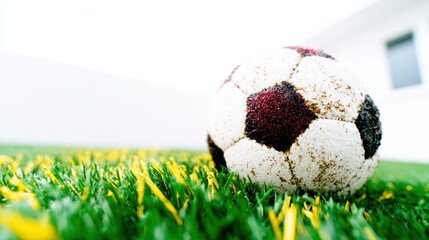 A close-up image captures a classic black and white soccer ball on a synthetic grass surface, showcasing wear and adding a nostalgic element to the everyday sport.