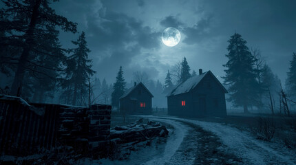 Spooky snowy village road with moonlit sky and glowing cabin windows at night.