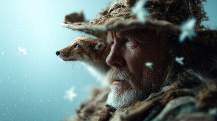 Fototapeta premium A dramatic portrait of a mature man with a fox peering out from his rugged attire, evoking themes of nature, wisdom, and the connection between humans and wildlife.