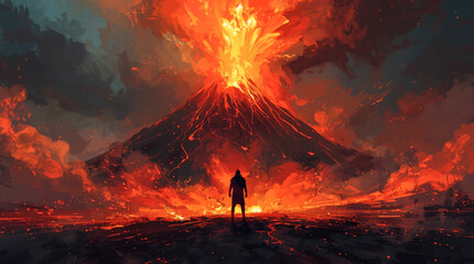 A person stands before an erupting volcano with lava and smoke, digital painting style, on a dark dramatic background, concept of power and awe