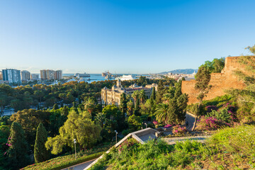 Fototapeta premium Mirador de la Coracha terrace overlooking city hall and skyline of Malaga city. Spain