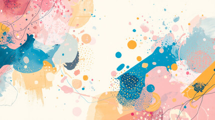 Colorful abstract fluid paint splashes and swirls on light background.