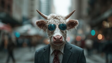 This quirky image features a cow wearing sunglasses and a suit, creating an unexpected and humorous scene in an urban environment amidst city life and bustling streets.