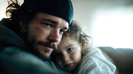 A heartwarming image captures the loving bond between a father and his child as they share a tender moment, showcasing their connection in a warm and cozy environment.