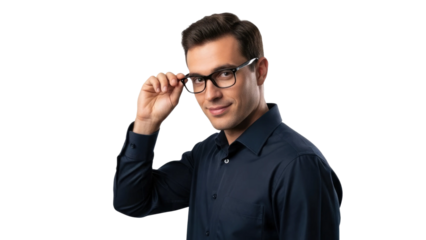 Man adjusting glasses dark blue isolated on white transparent background png 2025 2026 download