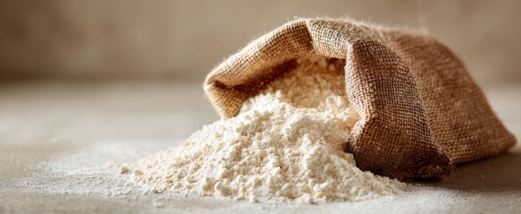 The Flour Sack Spilling Fine White Flour Onto Rustic Wooden Surface For Baking