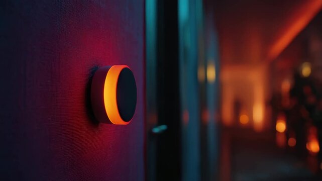 Illuminated Push Button on Red Wall with Blurry Hallway Background in Warm Orange and Cool Blue Lighting Selective Focus and Shallow Depth of Field