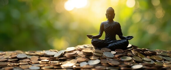 The Buddha statue sitting atop a pile of coins in sunlight