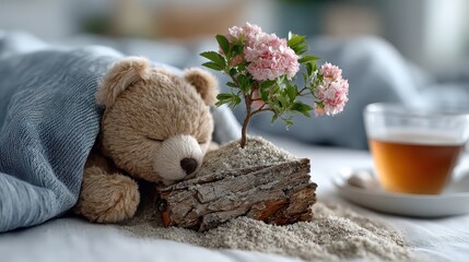 A plush teddy bear cuddles a small flower nestled in sand, creating a heartwarming scene that evokes feelings of comfort, innocence, and gentle companionship.