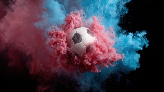 A soccer ball emerges dramatically from a vibrant burst of colorful smoke, capturing the excitement and energy of sports along with a touch of abstract art.
