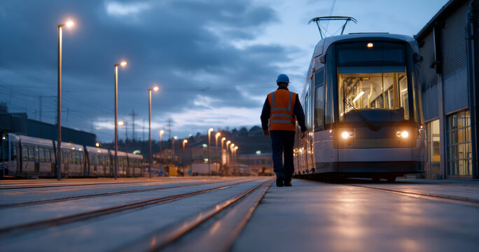 Worker in safety vest and helmet walking near modern tram at dusk on urban railway platform with illuminated street lamps