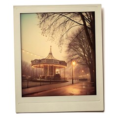 Enchanting carousel illuminated on a misty evening street