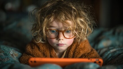 A young child intently gazes at a tablet, surrounded by a cozy blanket, embodying the essence of modern childhood entertainment.