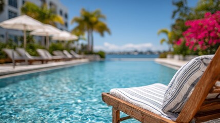 A serene scene of a poolside lounge set under the sun, complete with comfortable chairs, umbrellas, and vibrant flowers that invite relaxation and leisure in a summer paradise.