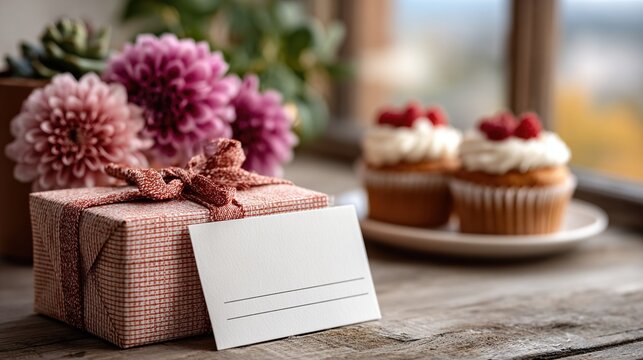 A beautifully wrapped gift box sits in front of delightful cupcakes topped with cream and fresh raspberries, surrounded by vibrant flowers, evoking joy and celebration.