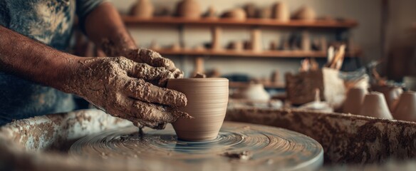 The Ceramic Cup Being Shaped by a Potter on a Spinning Wheel in Workshop