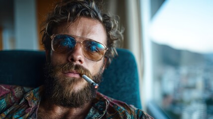 A rugged man with sunglasses and a cigarette exudes a captivating aura, depicting a casual yet intense moment that reflects an urban lifestyle and personal freedom.