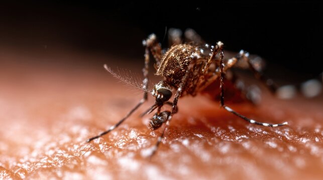 A detailed macro shot of a mosquito perched on human skin, highlighting the intricate anatomy of the insect and the impact of pests on daily life and health.