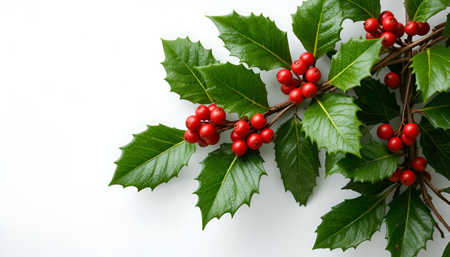 A sprig of holly with red berries and green leaves on a white background studio close up shot top view - Powered by Adobe